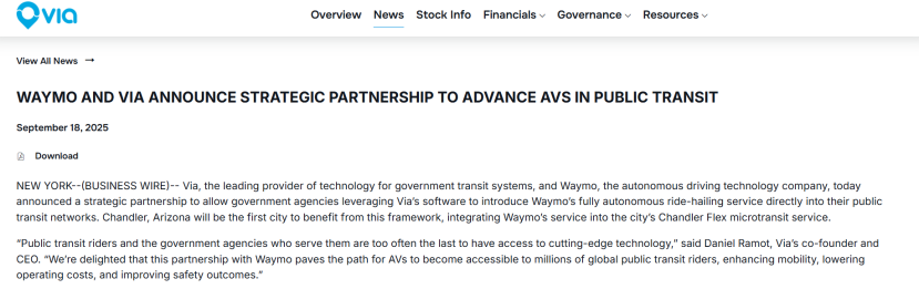 Waymo联手Via推进自动驾驶公共交通布局